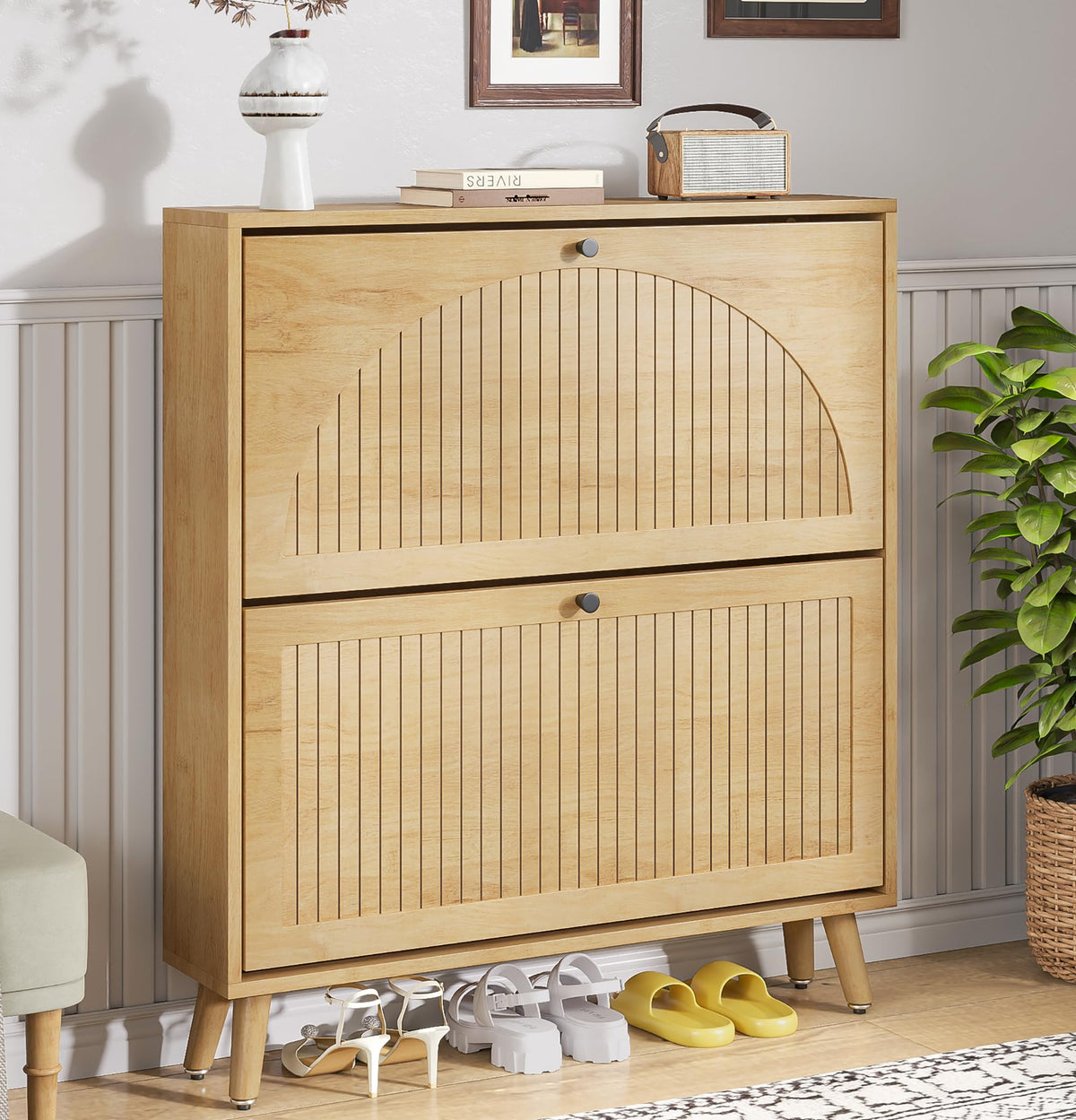 Fsbecl Shoe Storage Cabinet for Entryway with 2 Fluted Flip Drawers, Walnut