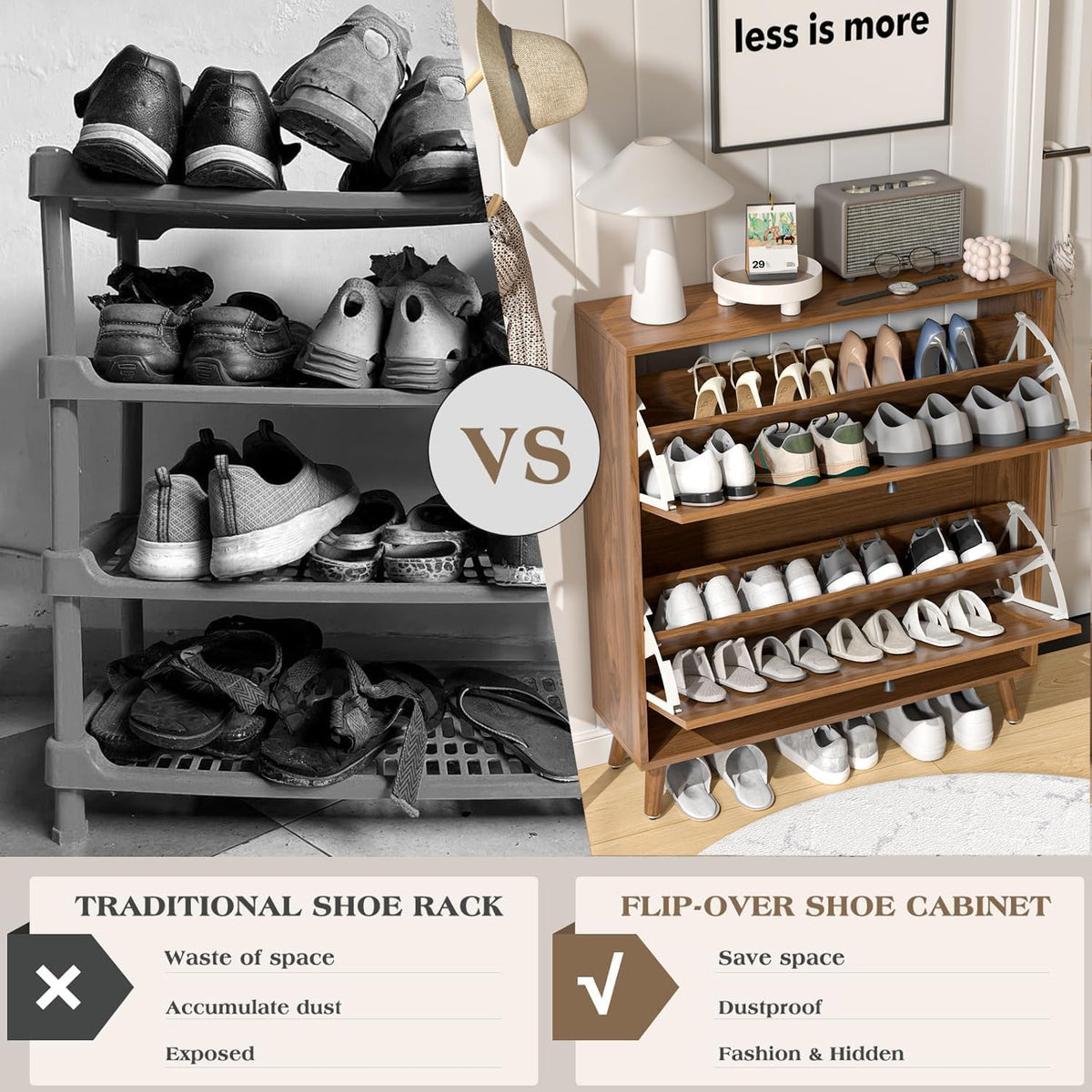 Fsbecl Shoe Storage Cabinet for Entryway with 2 Fluted Flip Drawers, Walnut