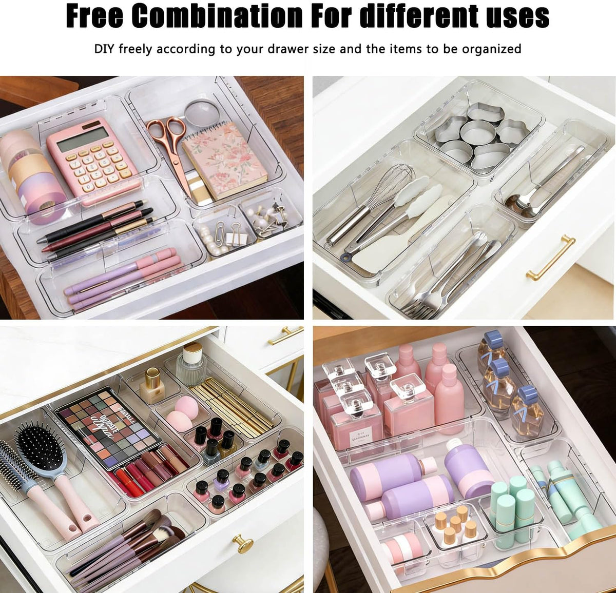 14 PCS Adjustable Clear Drawer Organizer Set - 3-Size Acrylic Storage Boxes for Makeup, Stationery, Kitchen Utensils, Tools & Bedroom Dresser Organization