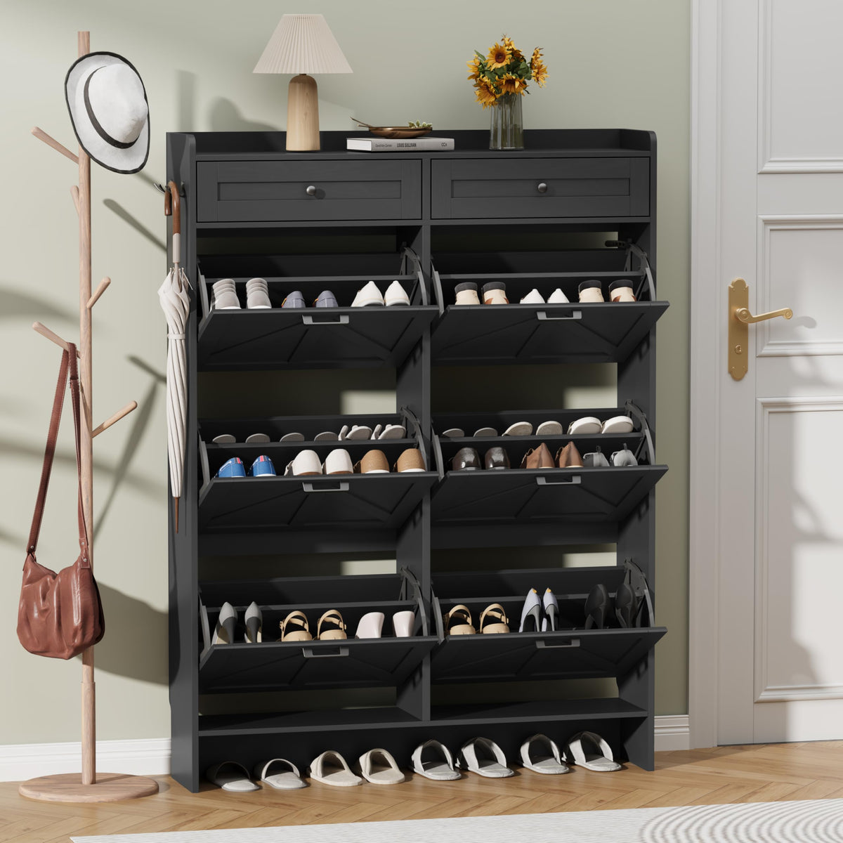 Thacuok Black Shoe Cabinet with 2 Flip Drawers & 2 Storage Drawers, Rustic Farmhouse Narrow Shoe Organizer Cabinet, Slim Shoe Rack Cabinet, Shoe Storage Cabinet for Entryway, Hallway