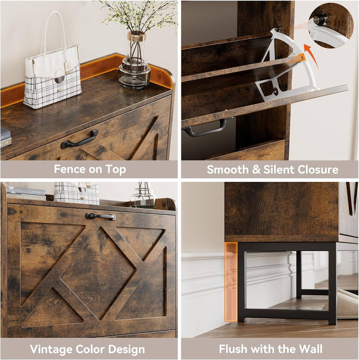 Nicetree Shoe Storage Cabinet with 2 Flip Drawers, Freestanding Wood Shoe Organizer with Metal Legs, Farmhouse Slim Shoe Rack for Entryway, Foyer, Hallway, Rustic Brown