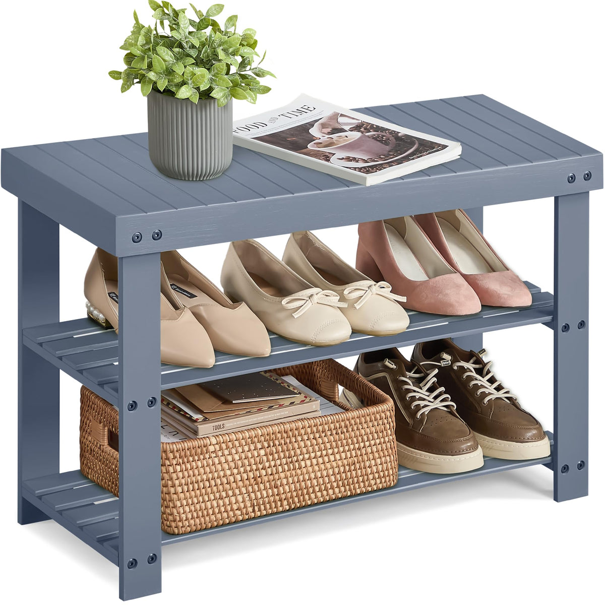 SONGMICS Shoe Rack Bench, 3-Tier Bamboo Entryway Bench, 27.6 Inches Width