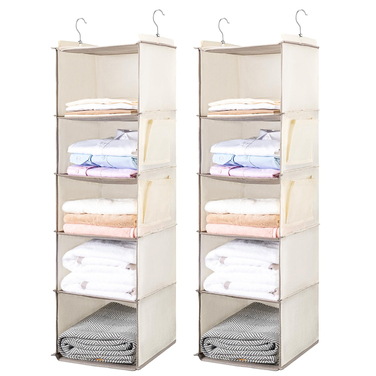 BOOMIBOO Hanging Closet Organize and Shelves,5-Hanging Shelf with 2 Side Pockets,Storage Foldable (Grey)