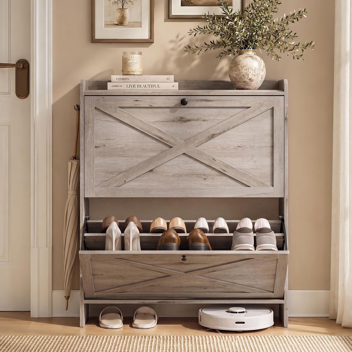 VASAGLE Narrow Shoe Storage Cabinet Organizer with 2 Flip Drawers