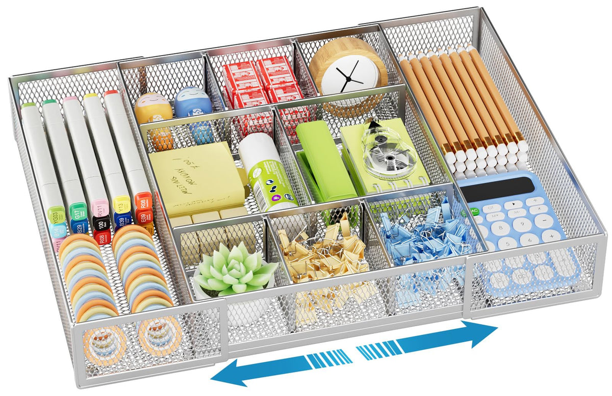 Marbrasse Expandable Desk Drawer Organizer, Mesh Drawer Organizer Tray with 10 Adjustable Compartments, Desk Organizers and Accessories, 5 Dividers Drawer for Office Supplies, Makeup & Vanity (Black)