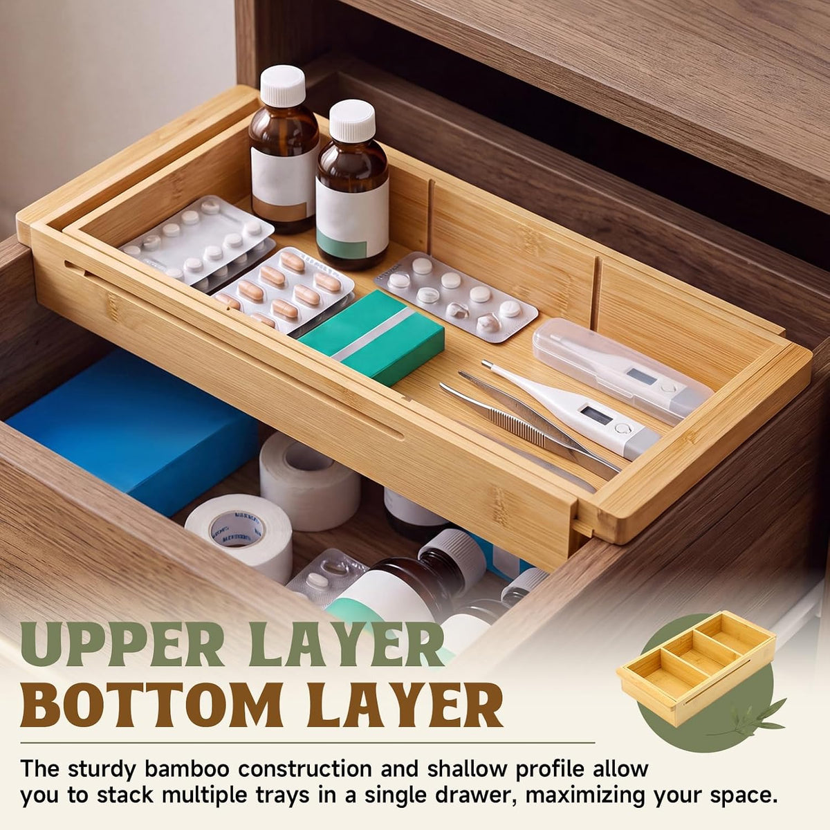 Yookeer 2 Pcs Expandable Drawer Organizer Adjustable Hanging Deep Drawer 11.4'' to 18.1'' Bamboo Wood Dividers Storage Tray for Desk Kitchen Bedroom Bathroom Office Supplies