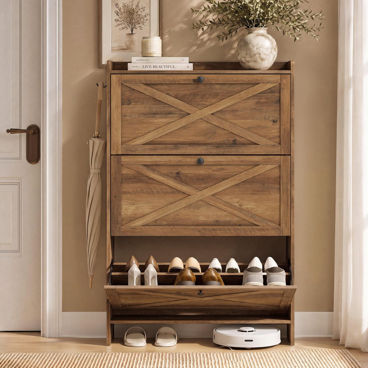 VASAGLE Narrow Shoe Storage Cabinet Organizer with 2 Flip Drawers