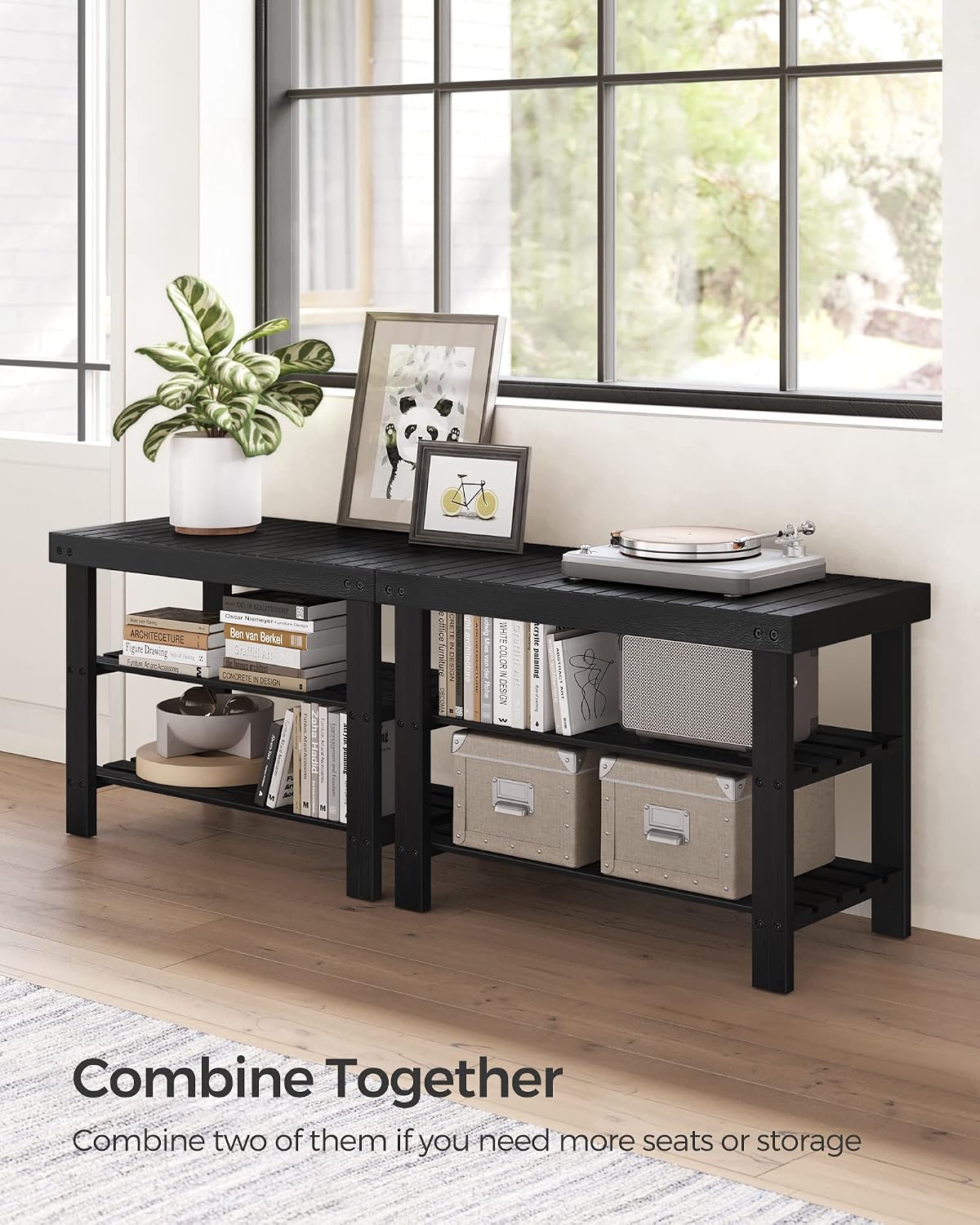 SONGMICS Shoe Rack Bench, 3-Tier Bamboo Entryway Bench, 27.6 Inches Width
