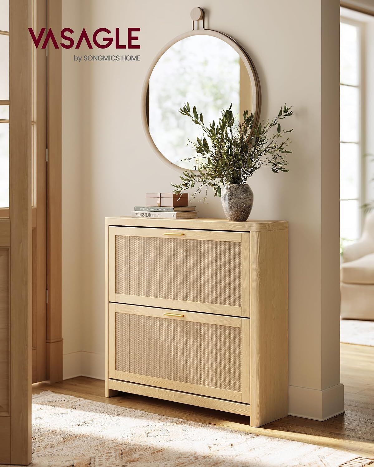 VASAGLE Boho Shoe Storage Cabinet, Slim, Rattan-Look Flip Drawers