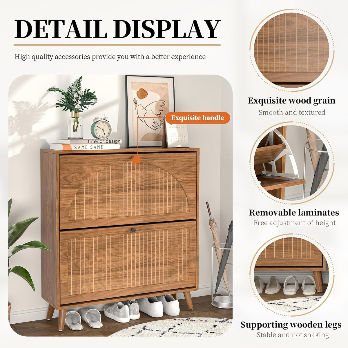 Fsbecl Shoe Storage Cabinet for Entryway with 2 Fluted Flip Drawers, Walnut