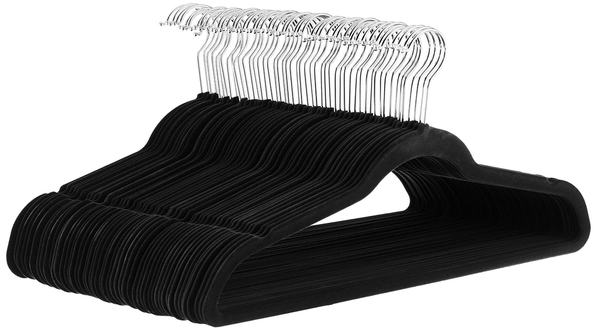 Amazon Basics Slim Velvet Non-Slip Space Saving Suit Clothes Hangers for Closet Organization, Black/Silver, 30-Pack