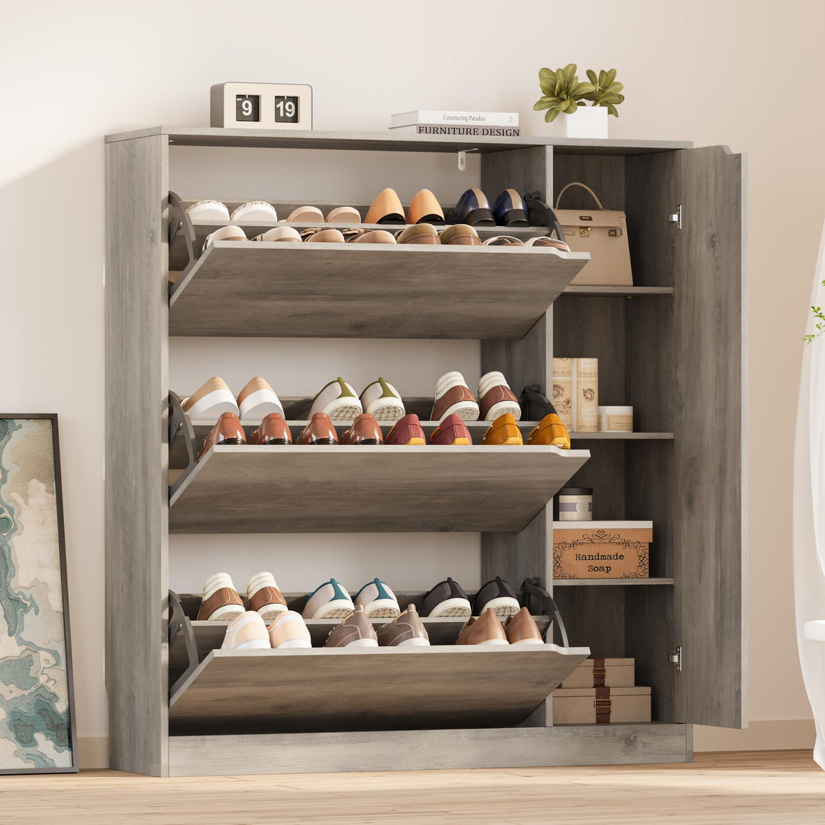 BORNOON Shoe Cabinet with 3 Flip Drawers, Hidden Wood Shoe Cabinet,Freestanding Shoe Storage Cabinet for Entryway Hallway.White. 47.2" H*31.5" W*9.45" D.