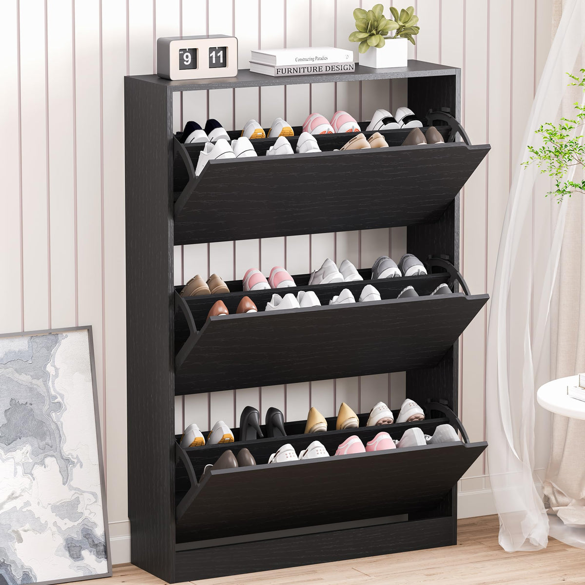 BORNOON Shoe Cabinet with 3 Flip Drawers, Hidden Wood Shoe Cabinet,Freestanding Shoe Storage Cabinet for Entryway Hallway.White. 47.2" H*31.5" W*9.45" D.