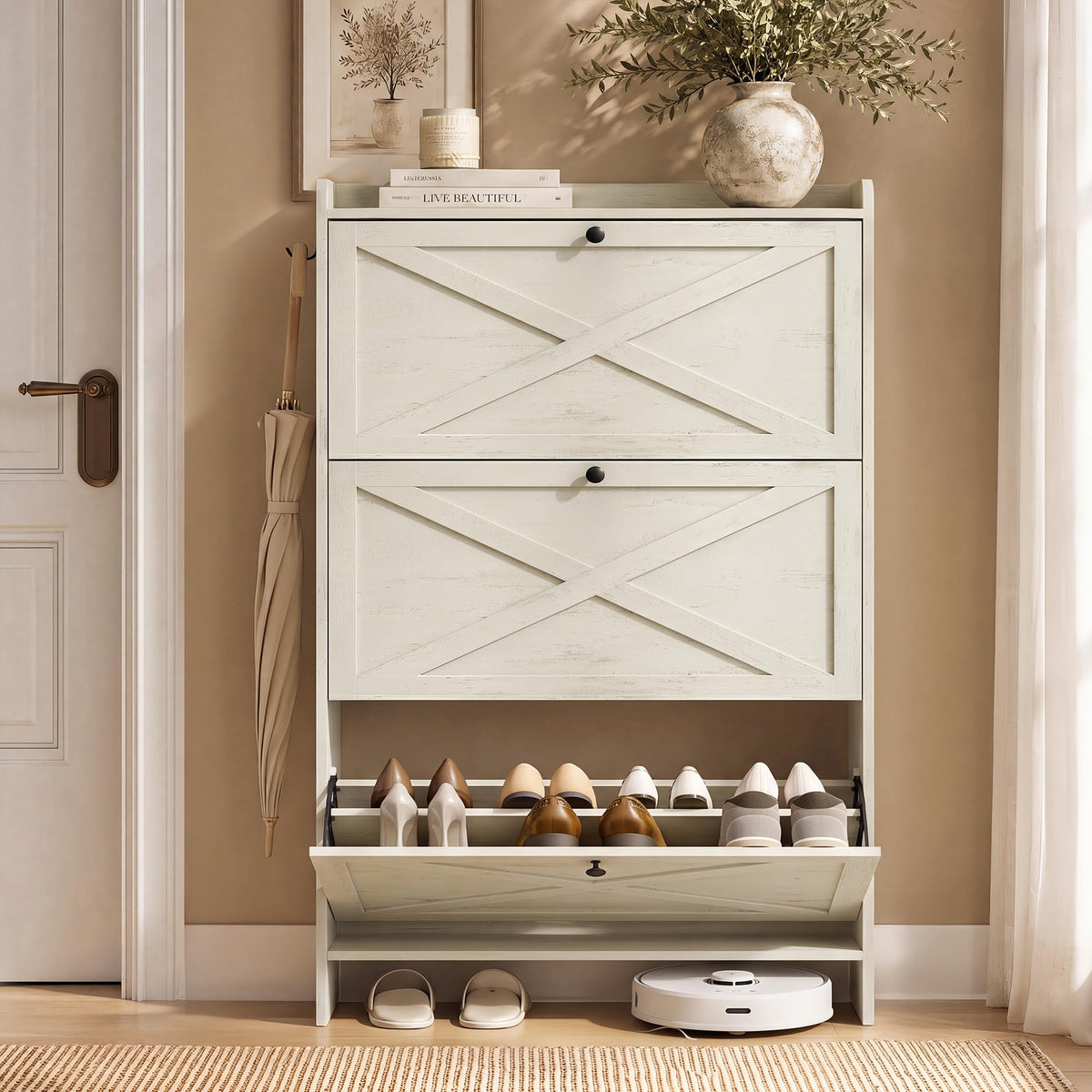 VASAGLE Narrow Shoe Storage Cabinet Organizer with 2 Flip Drawers