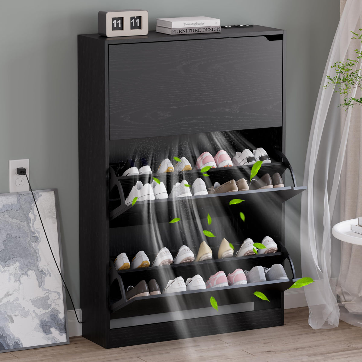 BORNOON Shoe Cabinet with 3 Flip Drawers, Hidden Wood Shoe Cabinet,Freestanding Shoe Storage Cabinet for Entryway Hallway.White. 47.2" H*31.5" W*9.45" D.