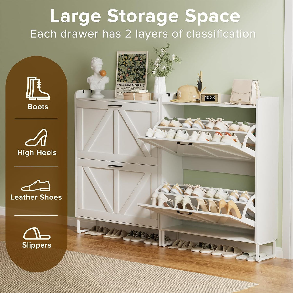 Urban Deco Shoe Storage Cabinet for Entryway, 2 Flip Drawers Shoe Organizer, Elegant 2-Tier Freestanding Shoe Cabinet with Anti-Tipping Design (White)