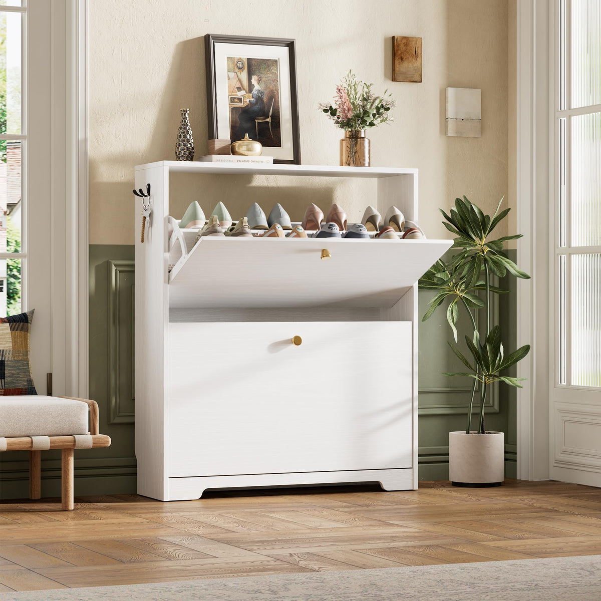 Nicetree Shoe Cabinet with 3 Flip Drawers, Modern Entryway Organizer, White