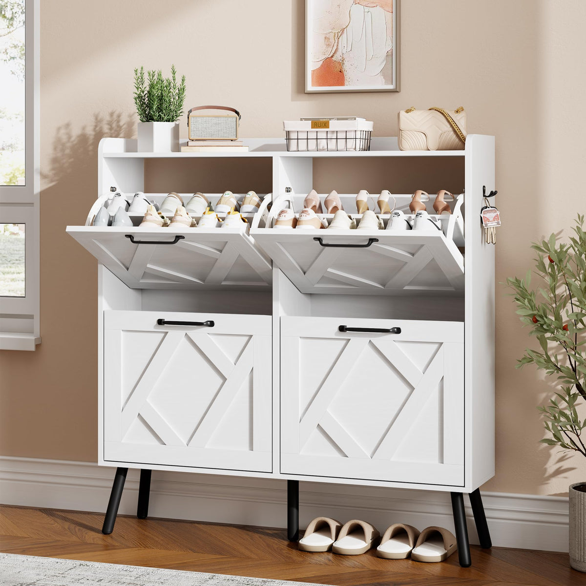 Nicetree Shoe Storage Cabinet with 2 Flip Drawers, Freestanding Wood Shoe Organizer with Metal Legs, Farmhouse Slim Shoe Rack for Entryway, Foyer, Hallway, Rustic Brown