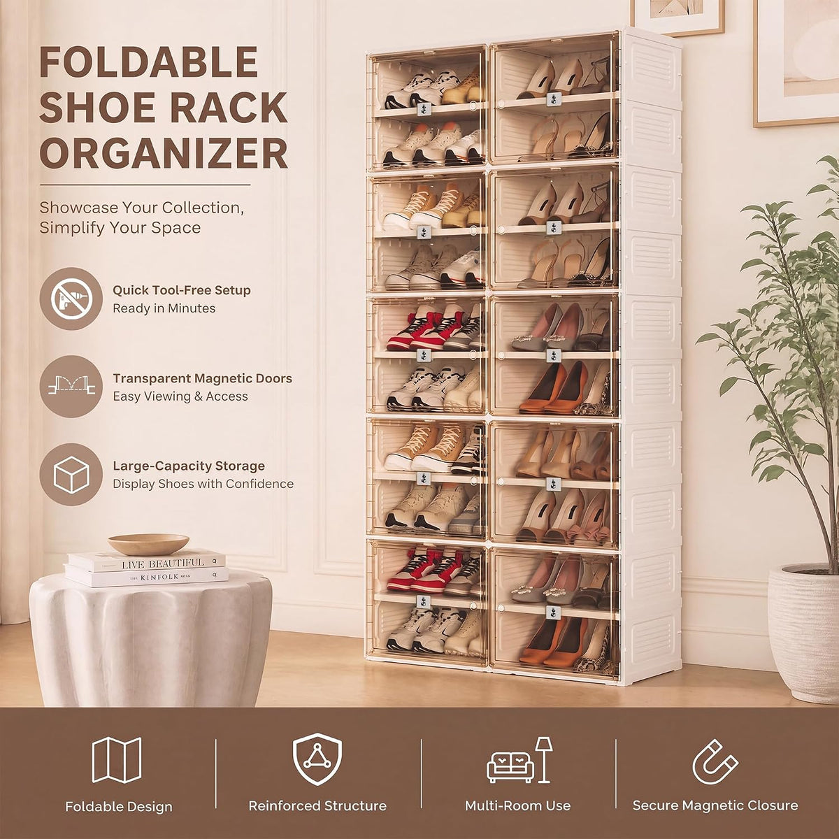Shoe Rack, 40-Pair Foldable Shoe Storage Cabinet, Magnetic Doors