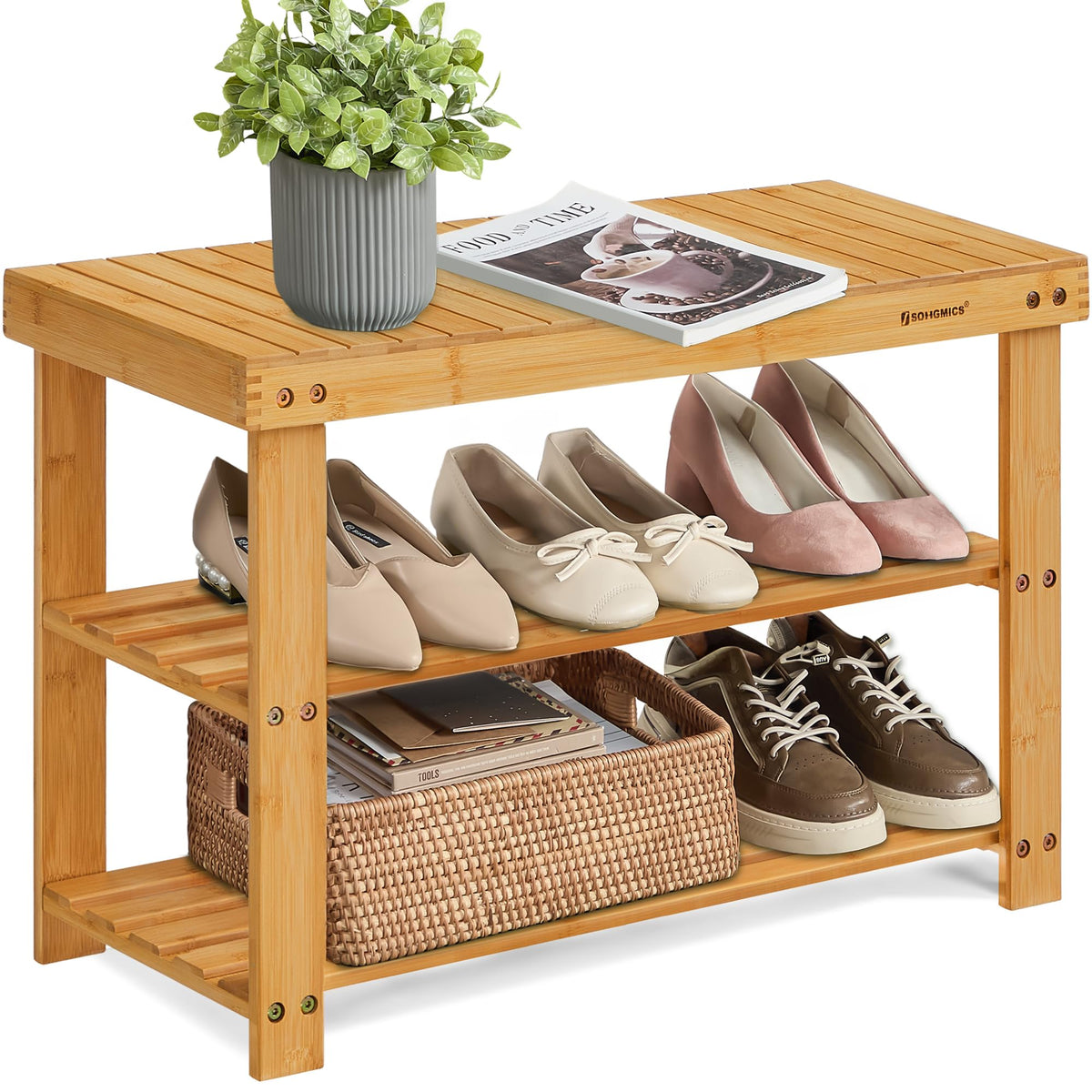 SONGMICS Shoe Rack Bench, 3-Tier Bamboo Entryway Bench, 27.6 Inches Width