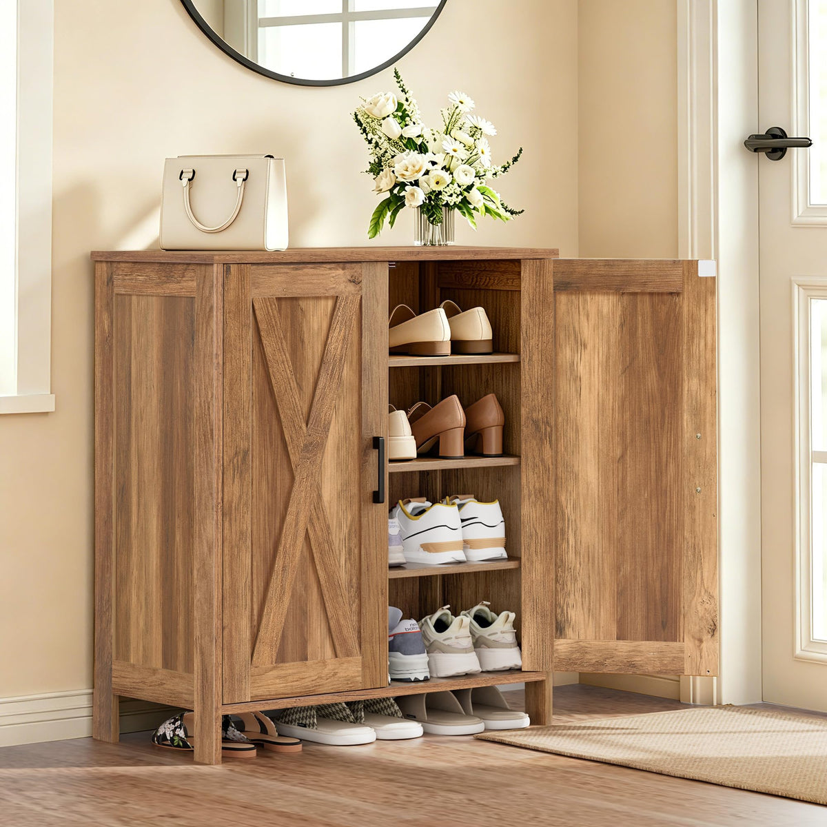 Homleke Farmhouse Shoe Cabinet with 2 Barn Doors & Wood Legs