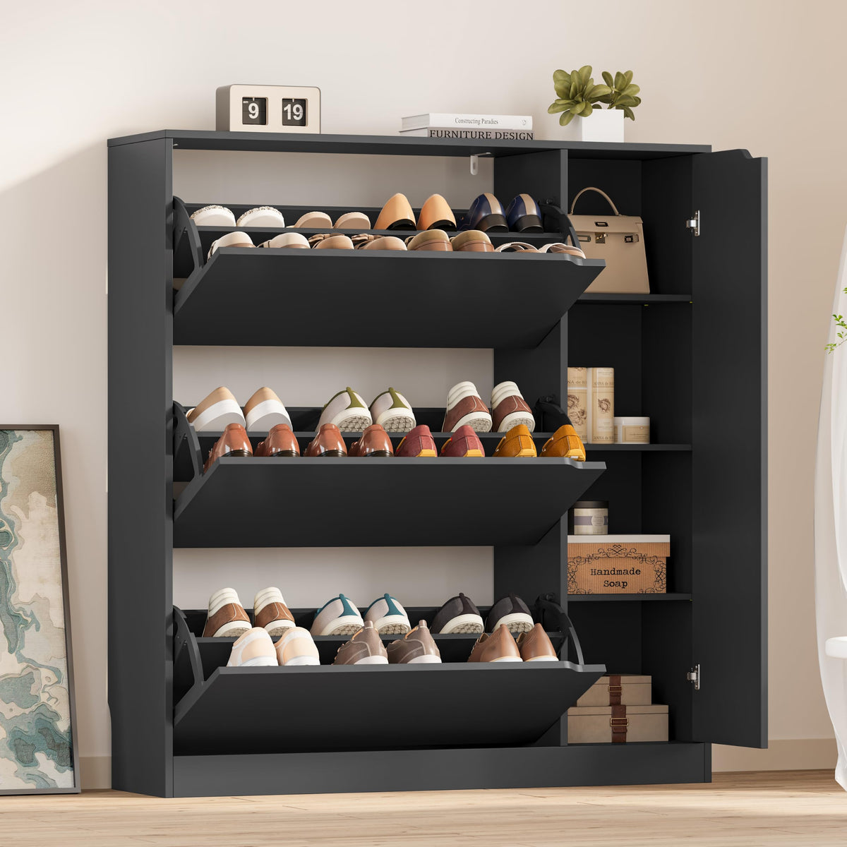 BORNOON Shoe Cabinet with 3 Flip Drawers, Hidden Wood Shoe Cabinet,Freestanding Shoe Storage Cabinet for Entryway Hallway.White. 47.2" H*31.5" W*9.45" D.