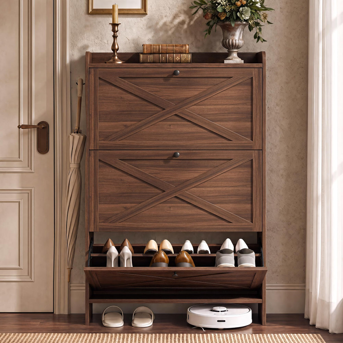 VASAGLE Narrow Shoe Storage Cabinet Organizer with 2 Flip Drawers
