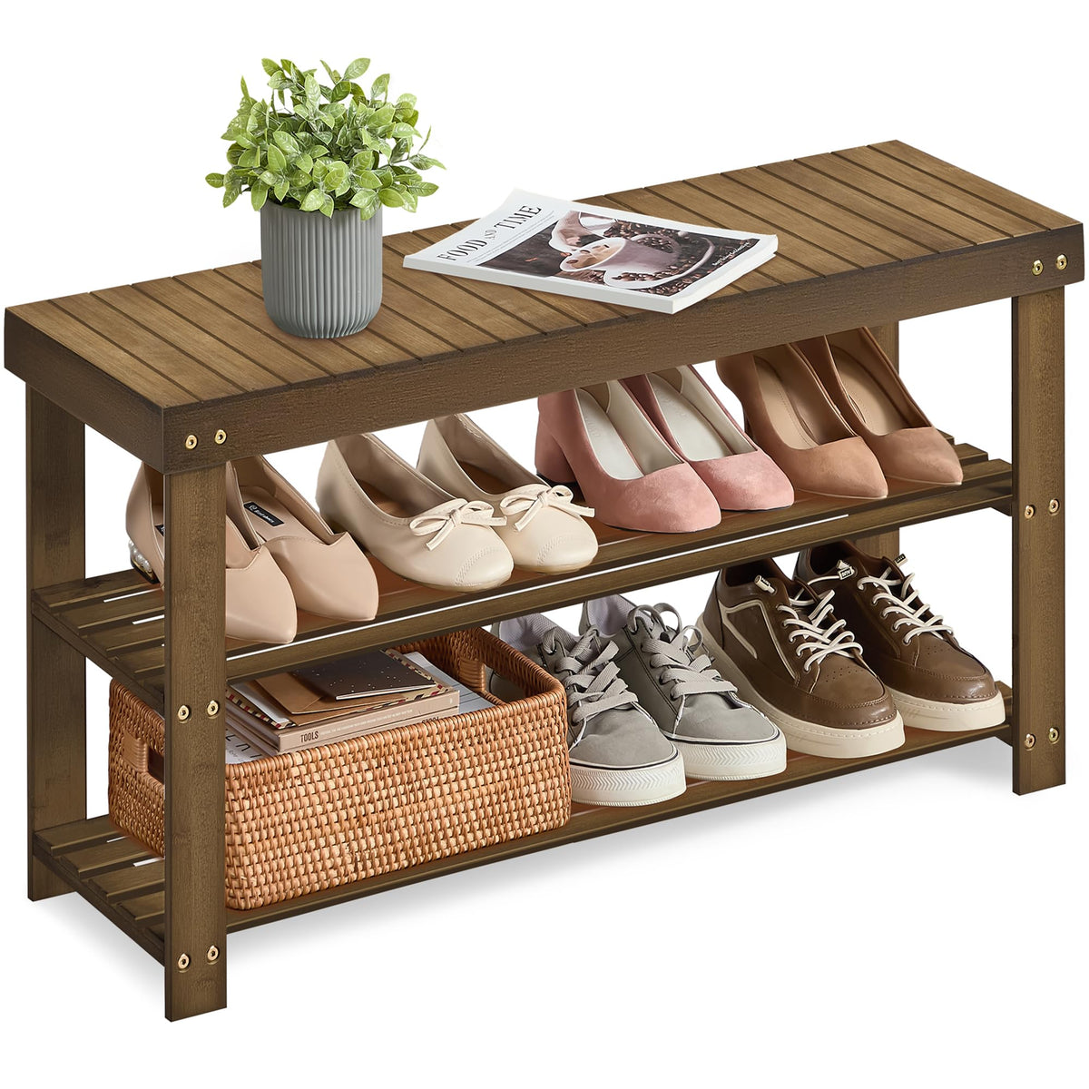 SONGMICS Shoe Rack Bench, 3-Tier Bamboo Entryway Bench, 27.6 Inches Width