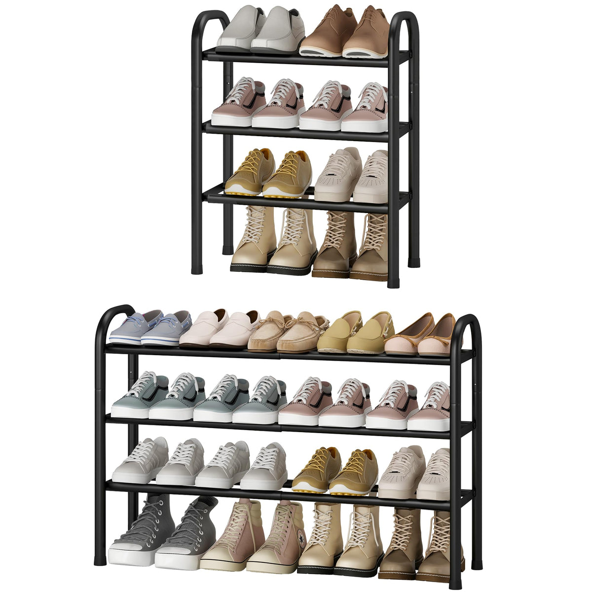STO STO Expandable Shoe Rack, 3-Tier Metal Small Shoe Rack for Closet, Up to 16 Pairs Adjustable Shoes Racks Storage for Front Door Entrance, Free Standing Shoes Rack Organizer for Entryway, Black