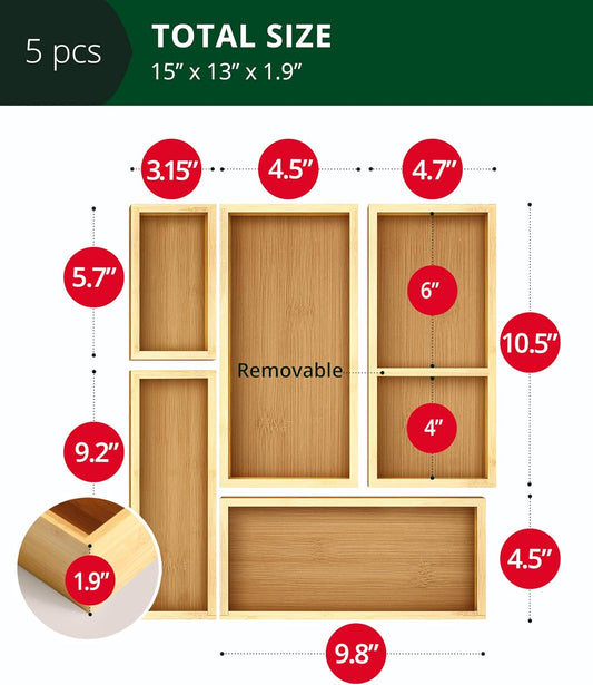 ROYAL CRAFT WOOD 5-Piece Bamboo Drawer Organizer Set – Multi-Use Storage Trays for Kitchen, Bathroom, Office, Makeup, Jewelry & More – Junk Drawer Tray, Utensil Holder, Storage Box & Bin Set (5 Boxes)