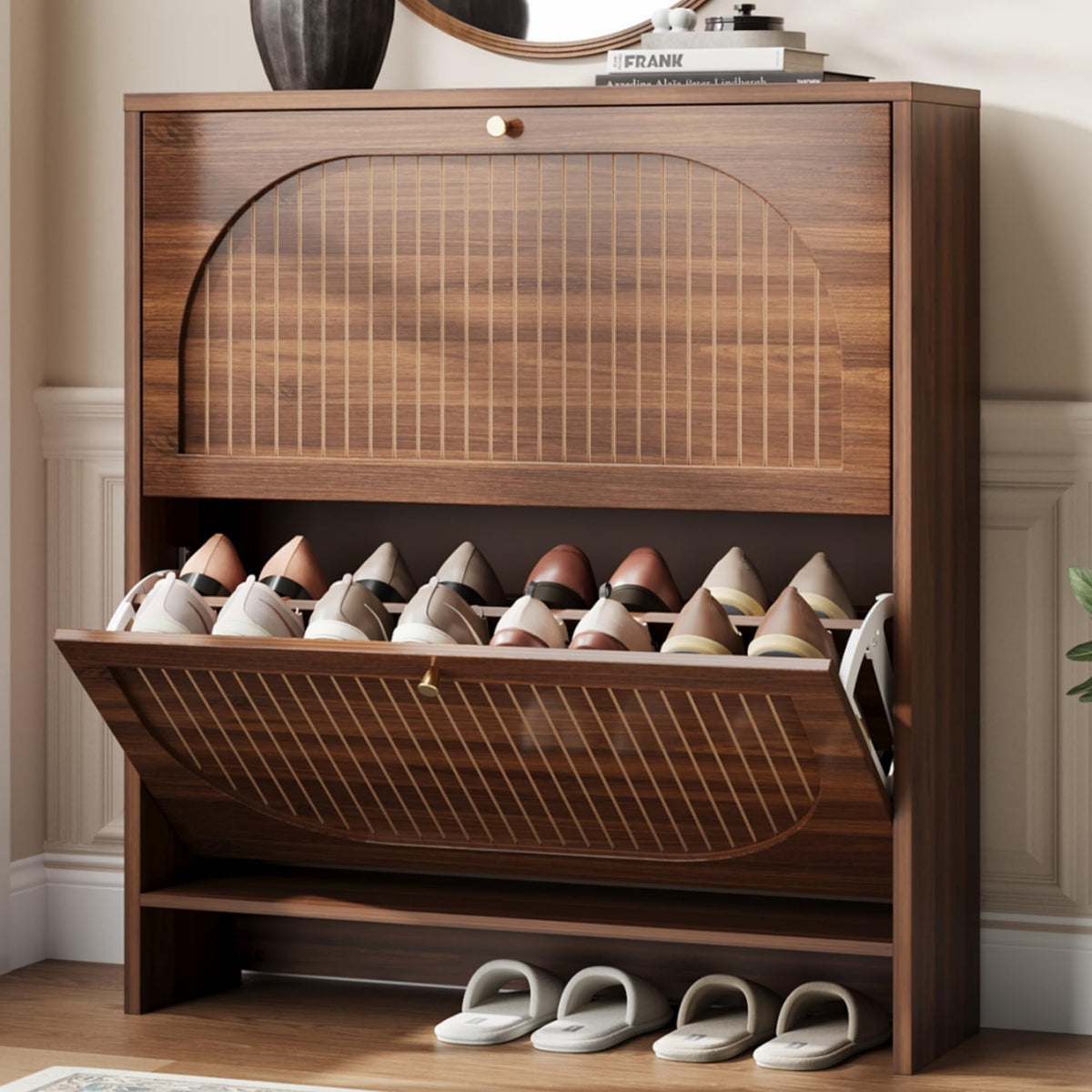 Nicetree Shoe Cabinet, 3 Flip Drawers & Adjustable Shelves, Ultra Slim Freestanding (9.1” Deep), Holds 30 Pairs, Narrow Shoe Storage Cabinet with Anti-Tip Safety, Modern Farmhouse White Walnut