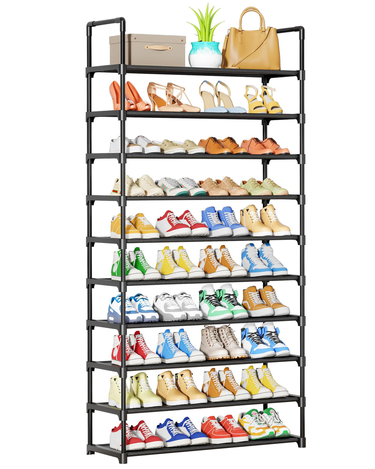 Kitsure Shoe Rack - 10-Tier Shoe Organizer with Detachable Fabric Shelves & Metal Frame, Tall Shoe Rack for Closet, Entryway, Living Room, 16.9" Wide - 10 Tier, Black