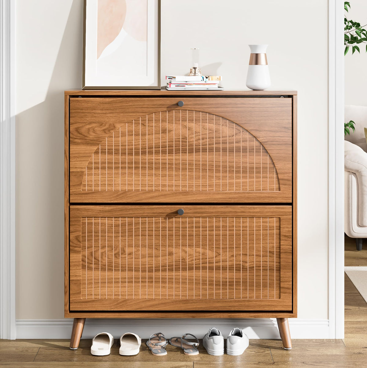 Fsbecl Shoe Storage Cabinet for Entryway with 2 Fluted Flip Drawers, Walnut
