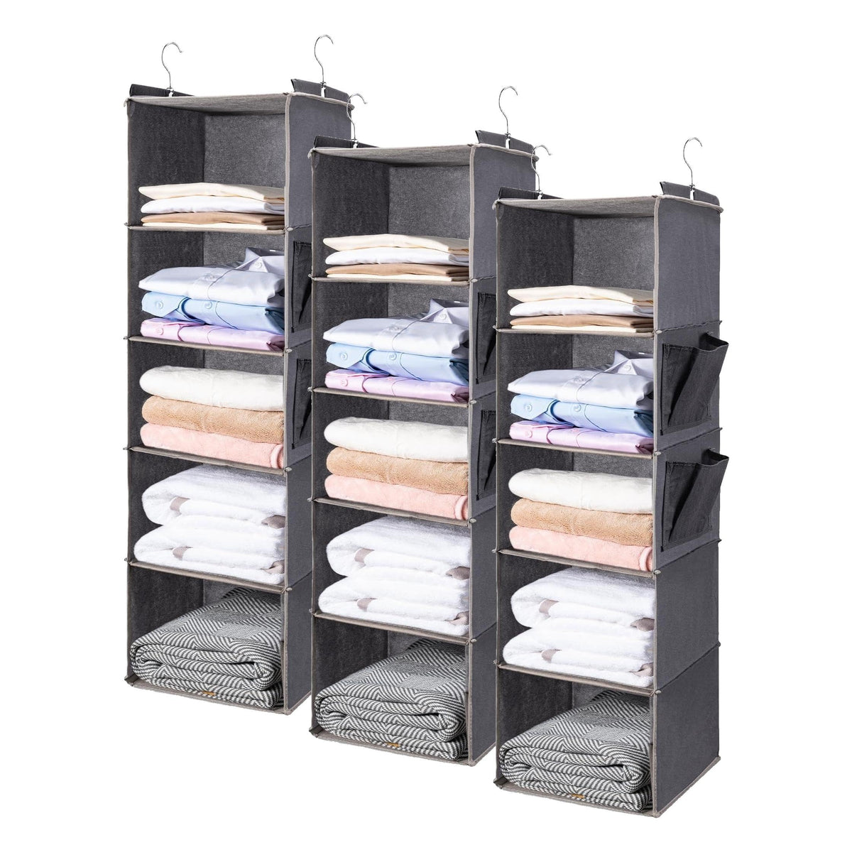 BOOMIBOO Hanging Closet Organize and Shelves,5-Hanging Shelf with 2 Side Pockets,Storage Foldable (Grey)