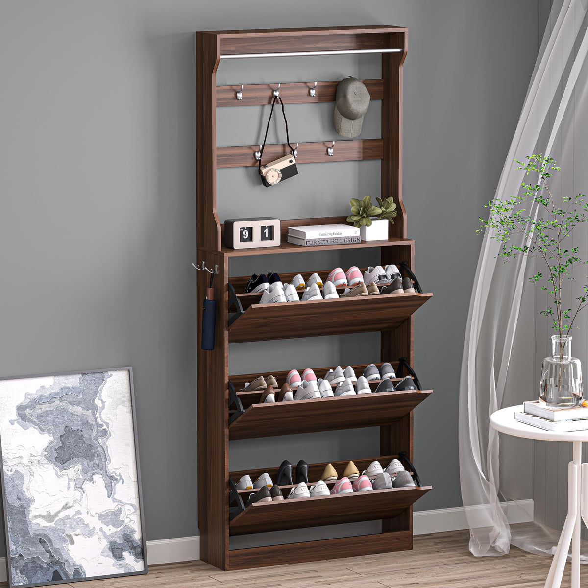 BORNOON Shoe Cabinet with 3 Flip Drawers, Hidden Wood Shoe Cabinet,Freestanding Shoe Storage Cabinet for Entryway Hallway.White. 47.2" H*31.5" W*9.45" D.