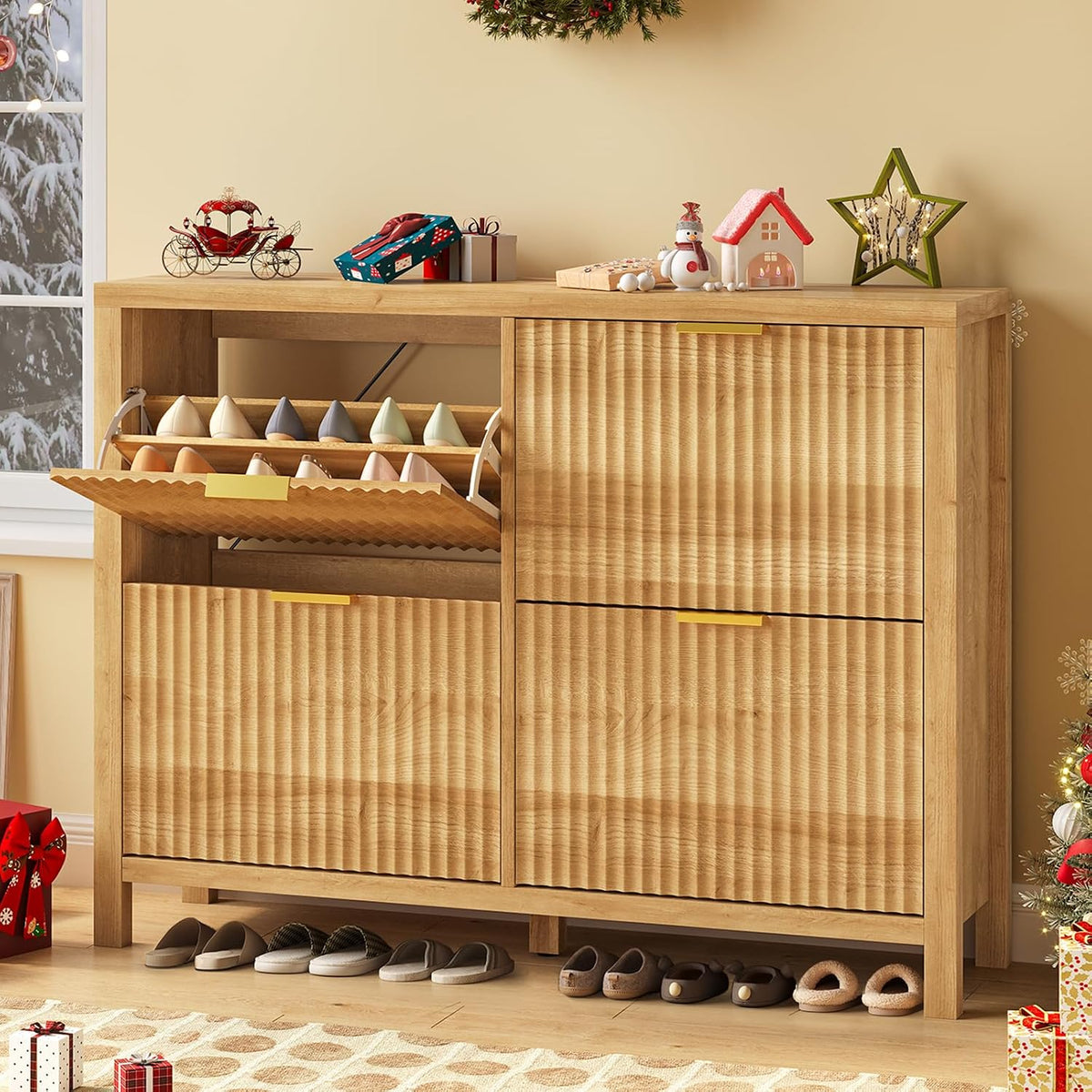 47" Fluted Shoe Cabinet Stoarge with 4 Flip Drawers for Entryway, Hallway