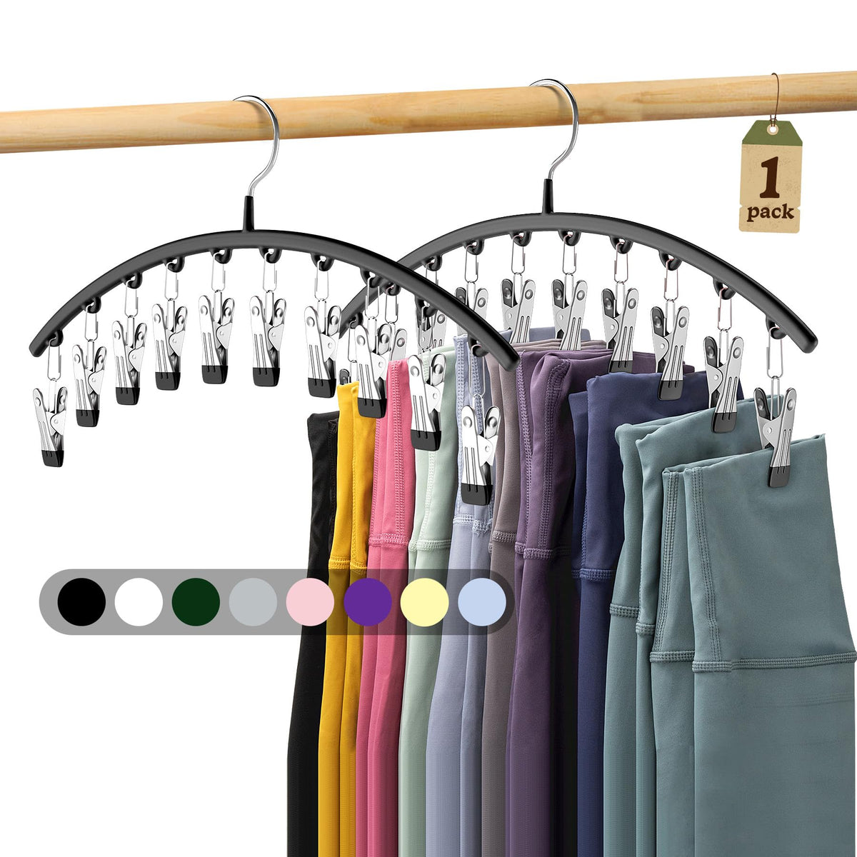 Volnamal Legging Organizer for Closet,2 Pack Metal Yoga Pants Hangers w/10 Clips Hold 20 Leggings,Space Saving Hanging Closet Organizer Clothes Hanger College Dorm Essentials Apartment Essential,Black