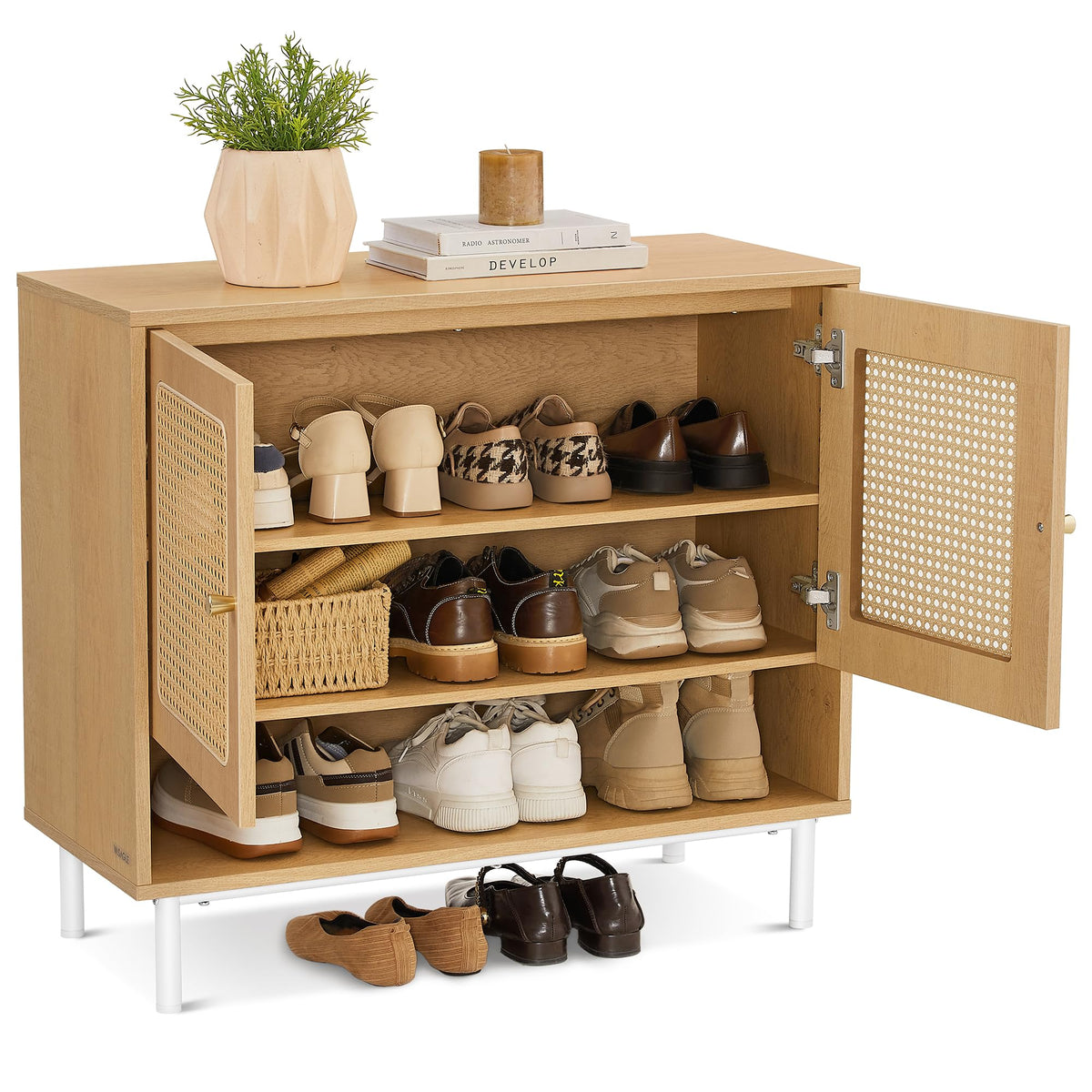 VASAGLE Boho Shoe Storage Cabinet, Slim, Rattan-Look Flip Drawers