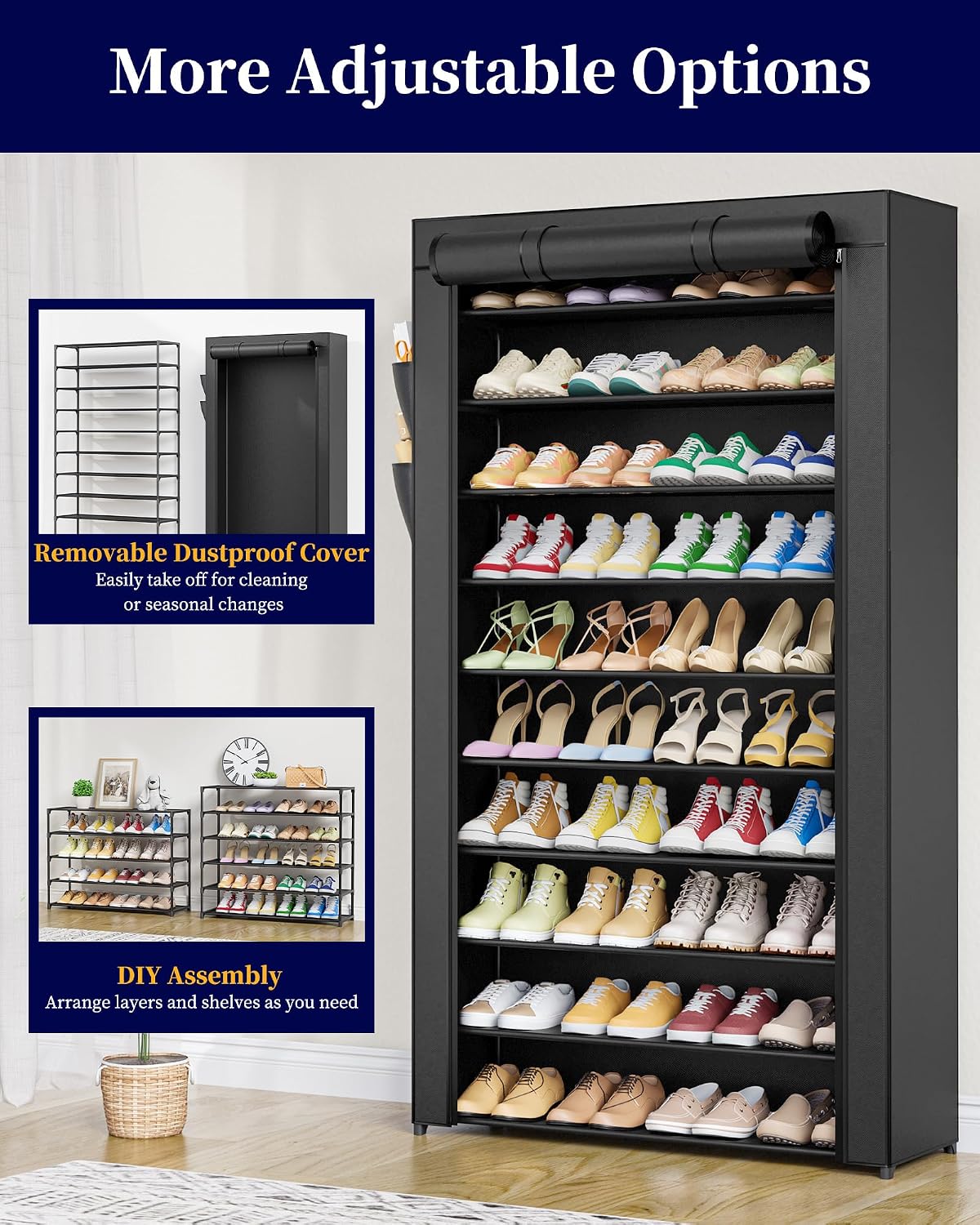 Kitsure 10-Tier Shoe Rack with Cover, Tall Shoe Shelf, 33" Wide, Black