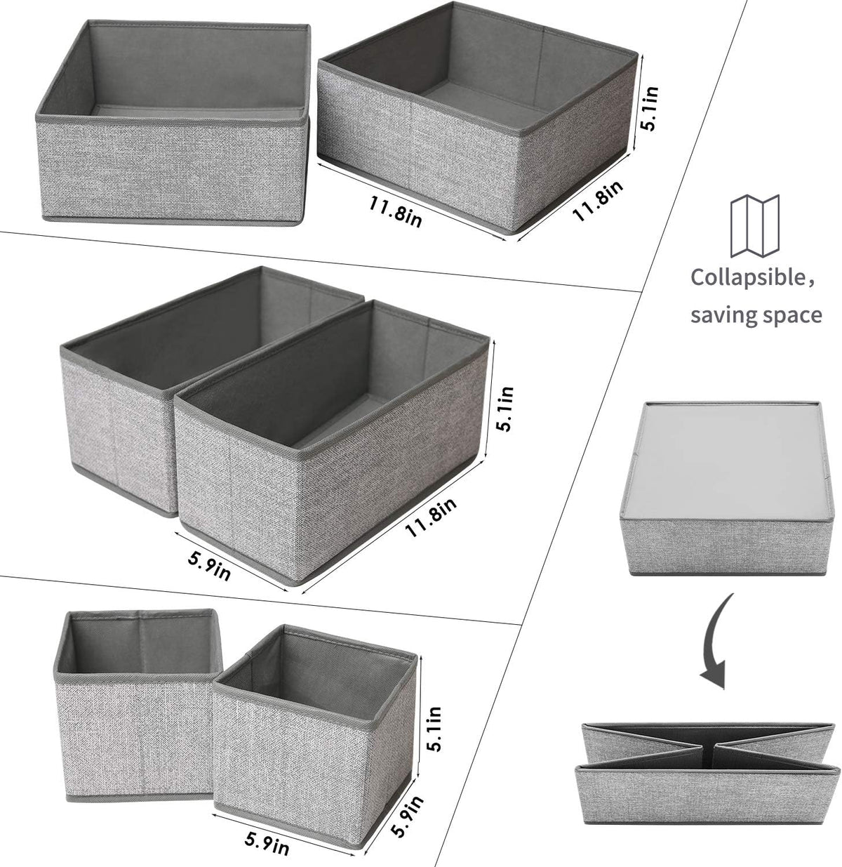 Criusia Foldable Underwear Drawer Organizer, Closet Dividers, Storage Box for Clothes, Socks (6 Bins, Gray)
