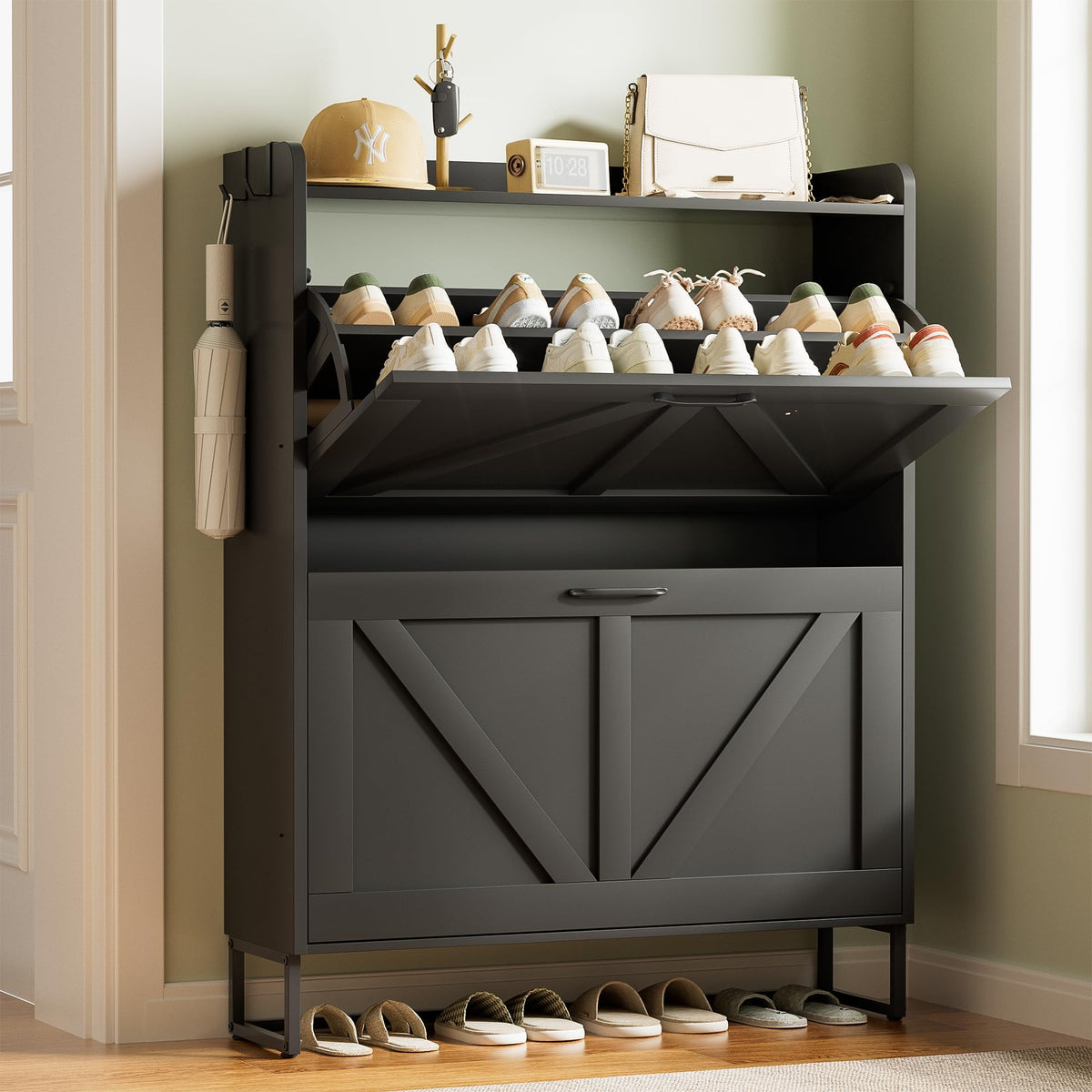 Urban Deco Shoe Storage Cabinet for Entryway, 2 Flip Drawers Shoe Organizer, Elegant 2-Tier Freestanding Shoe Cabinet with Anti-Tipping Design (White)