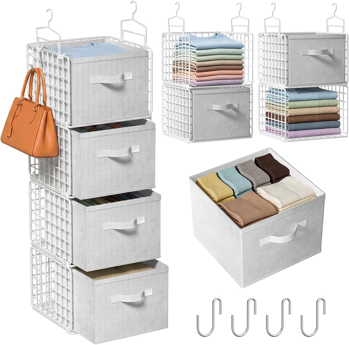 4 Tier Hanging Closet Organizer with 4 Drawers, White