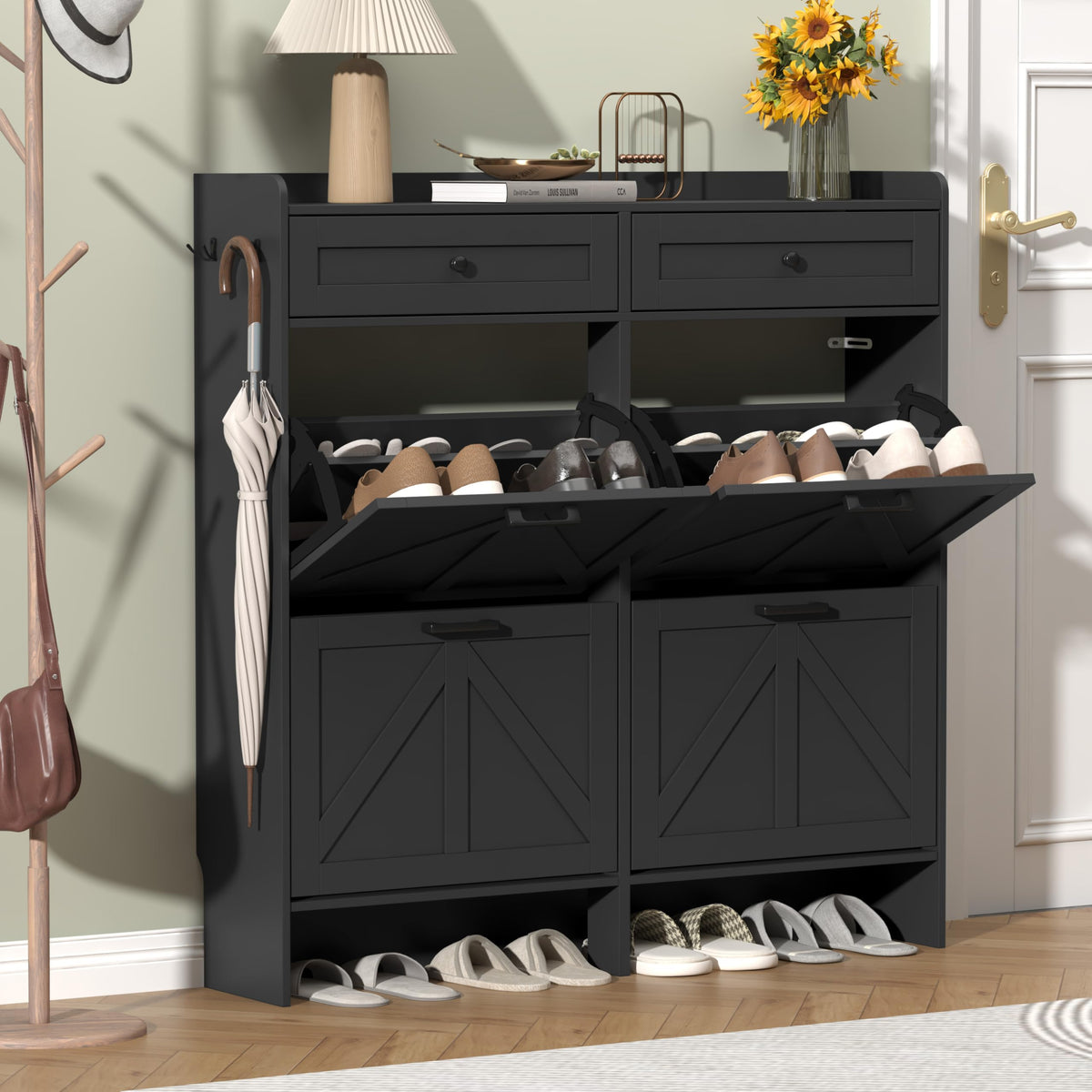 Thacuok Black Shoe Cabinet with 2 Flip Drawers & 2 Storage Drawers, Rustic Farmhouse Narrow Shoe Organizer Cabinet, Slim Shoe Rack Cabinet, Shoe Storage Cabinet for Entryway, Hallway