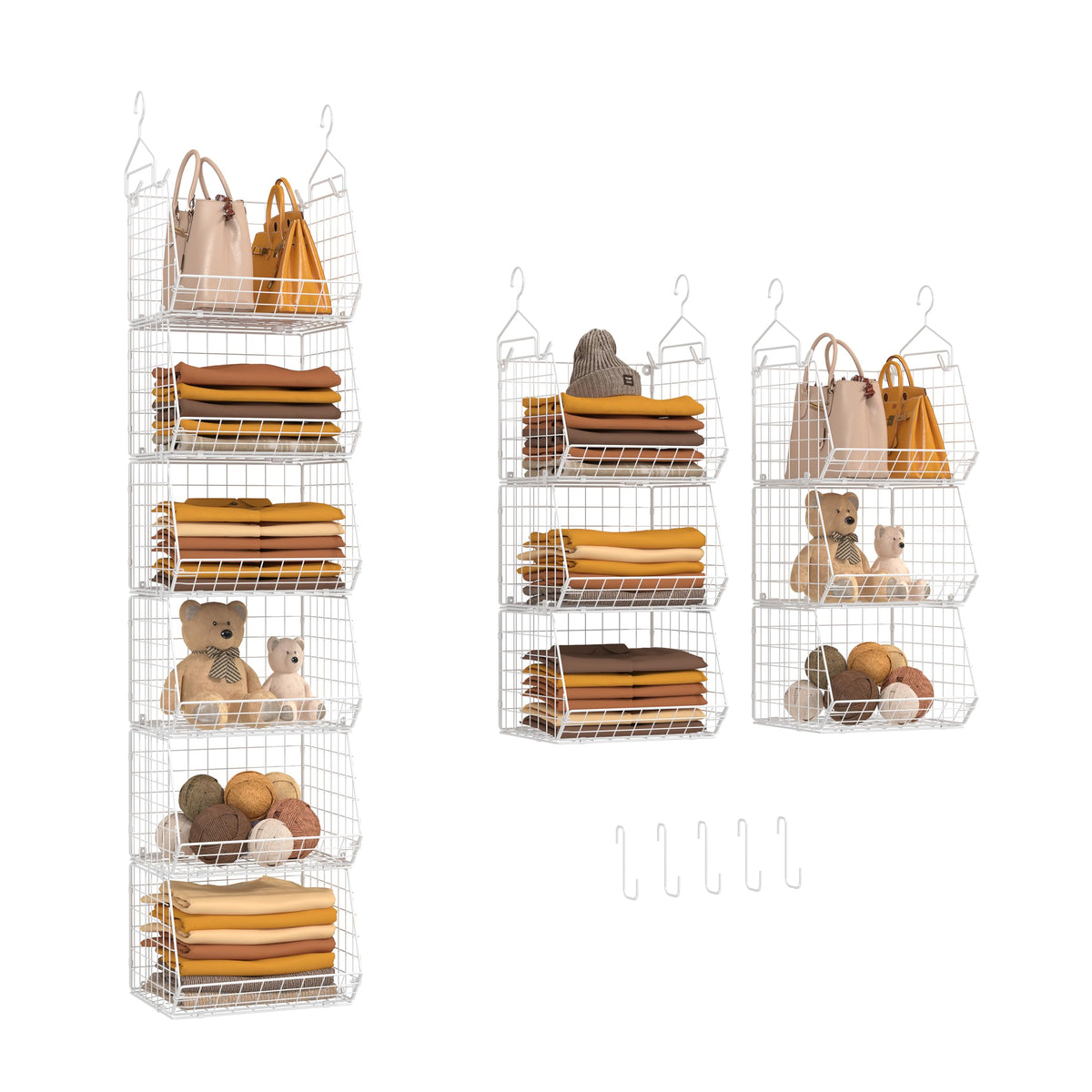 X-cosrack 6 Tier Closet Hanging Organizer, Clothes Hanging Shelves with 4 Hanging Hooks 5 S Hooks, Wire Storage Basket Bins, for Clothing Sweaters Shoes Handbags Clutches Accessories Patent