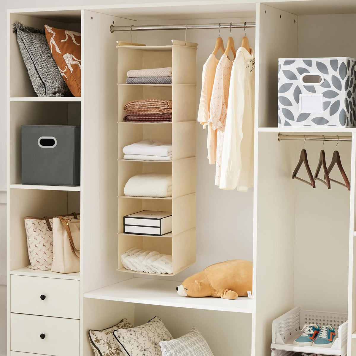 MAX Houser 6 Tier Shelf Hanging Closet Organizer with 2 Hooks, Beige