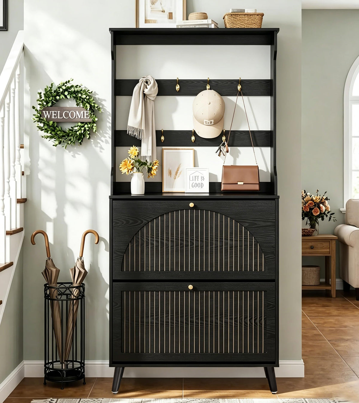 Fsbecl Shoe Storage Cabinet for Entryway with 2 Fluted Flip Drawers, Walnut