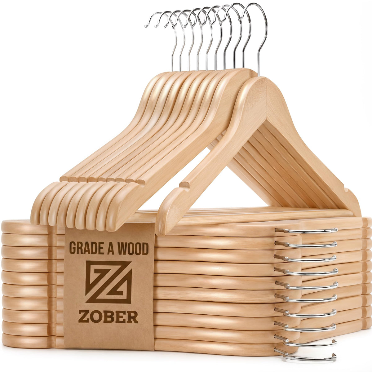 Zober Wooden Hangers 20 Pack, Heavy Duty Clothes Hangers, Non Slip, Natural