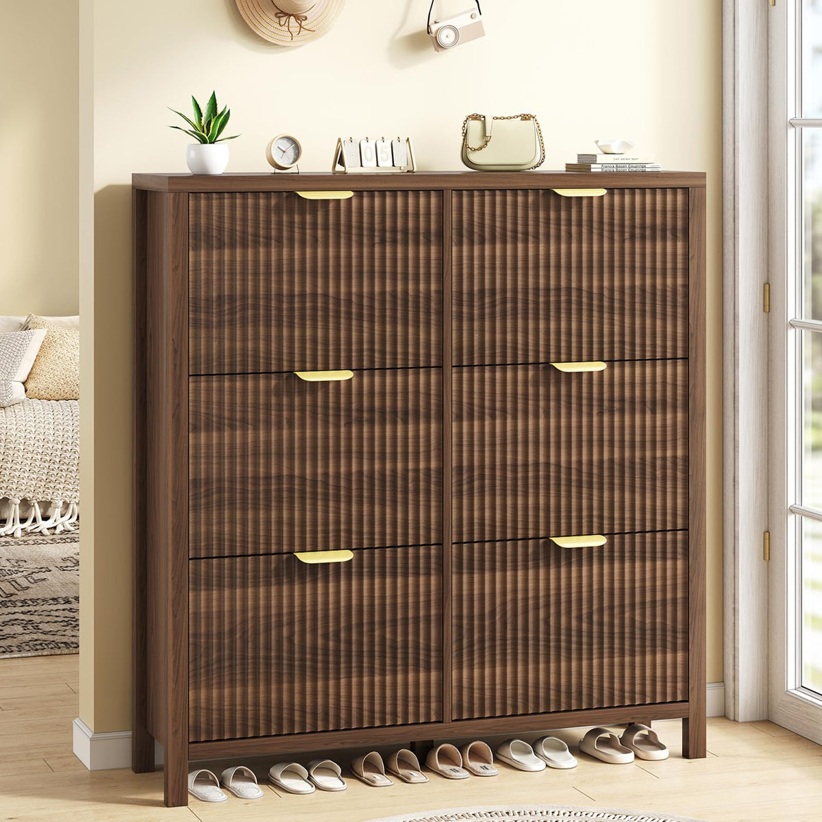 47" Fluted Shoe Cabinet Stoarge with 4 Flip Drawers for Entryway, Hallway
