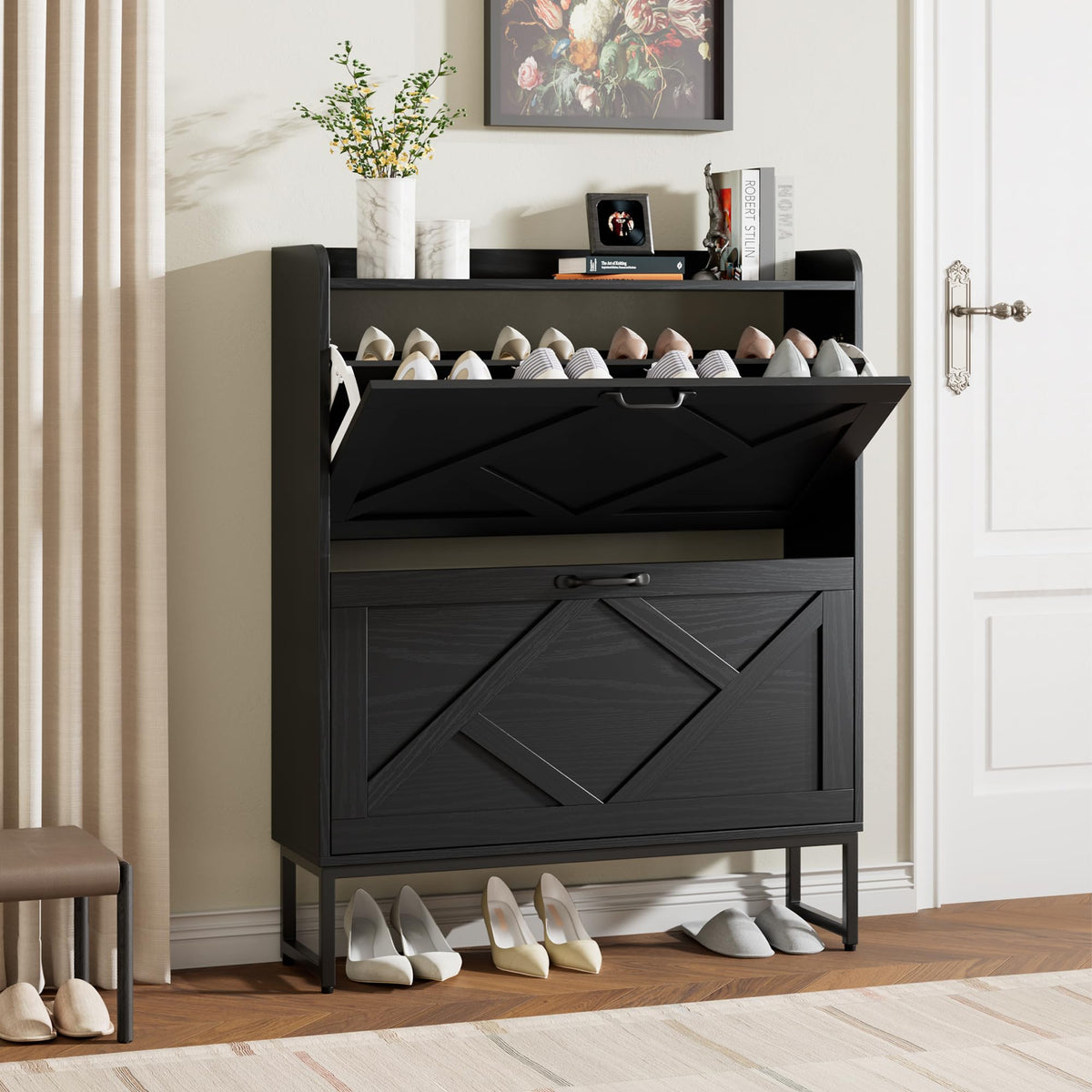 Nicetree Shoe Storage Cabinet with 2 Flip Drawers, Freestanding Wood Shoe Organizer with Metal Legs, Farmhouse Slim Shoe Rack for Entryway, Foyer, Hallway, Rustic Brown