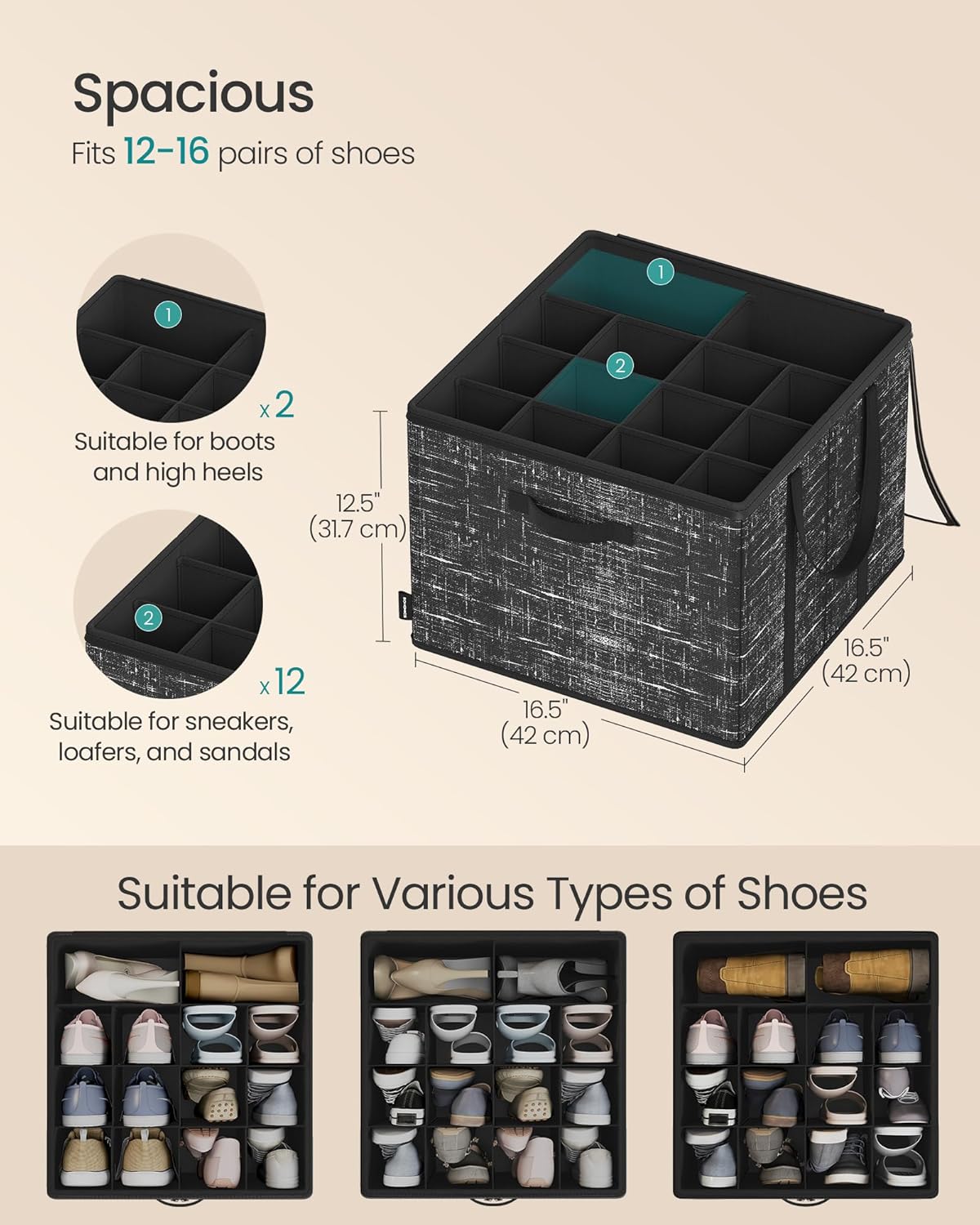 SONGMICS Set of 2 Shoe Organizers for Closet, Fits 16 Pairs Each, Shoe Storage Bins, Fabric Containers with Handles and Clear Cover, for Bedroom, Entryway, Closet, Ink Black ULSP602B01